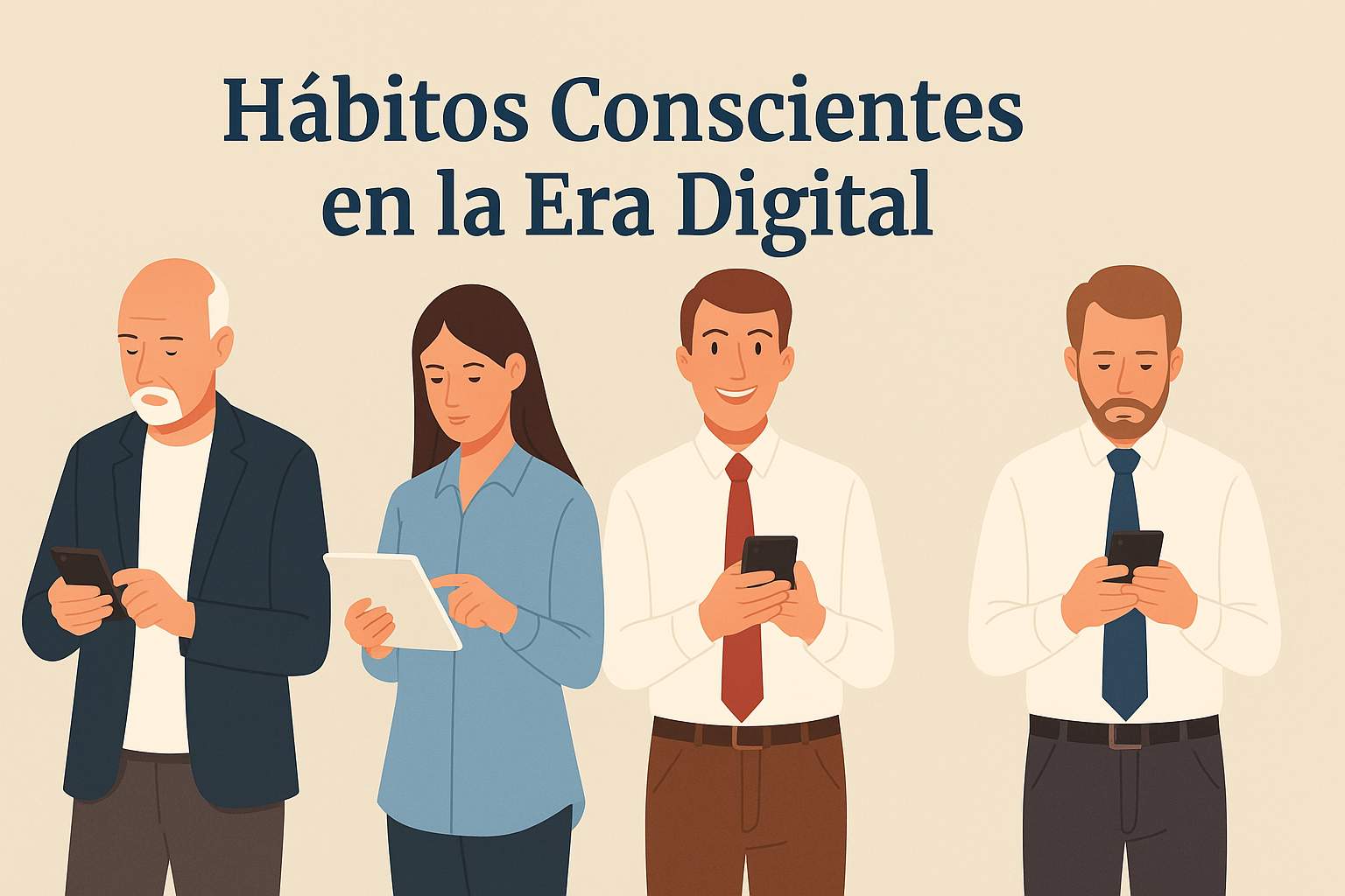 Ilustración de personas usando tecnología con el mensaje Hábitos Conscientes en la Era Digital