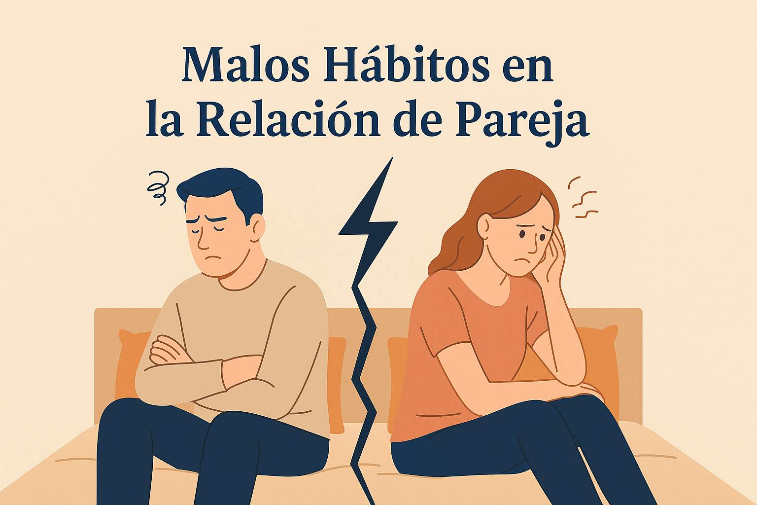 Ilustración de pareja separada por una línea negra, simbolizando los malos hábitos en una relación de pareja