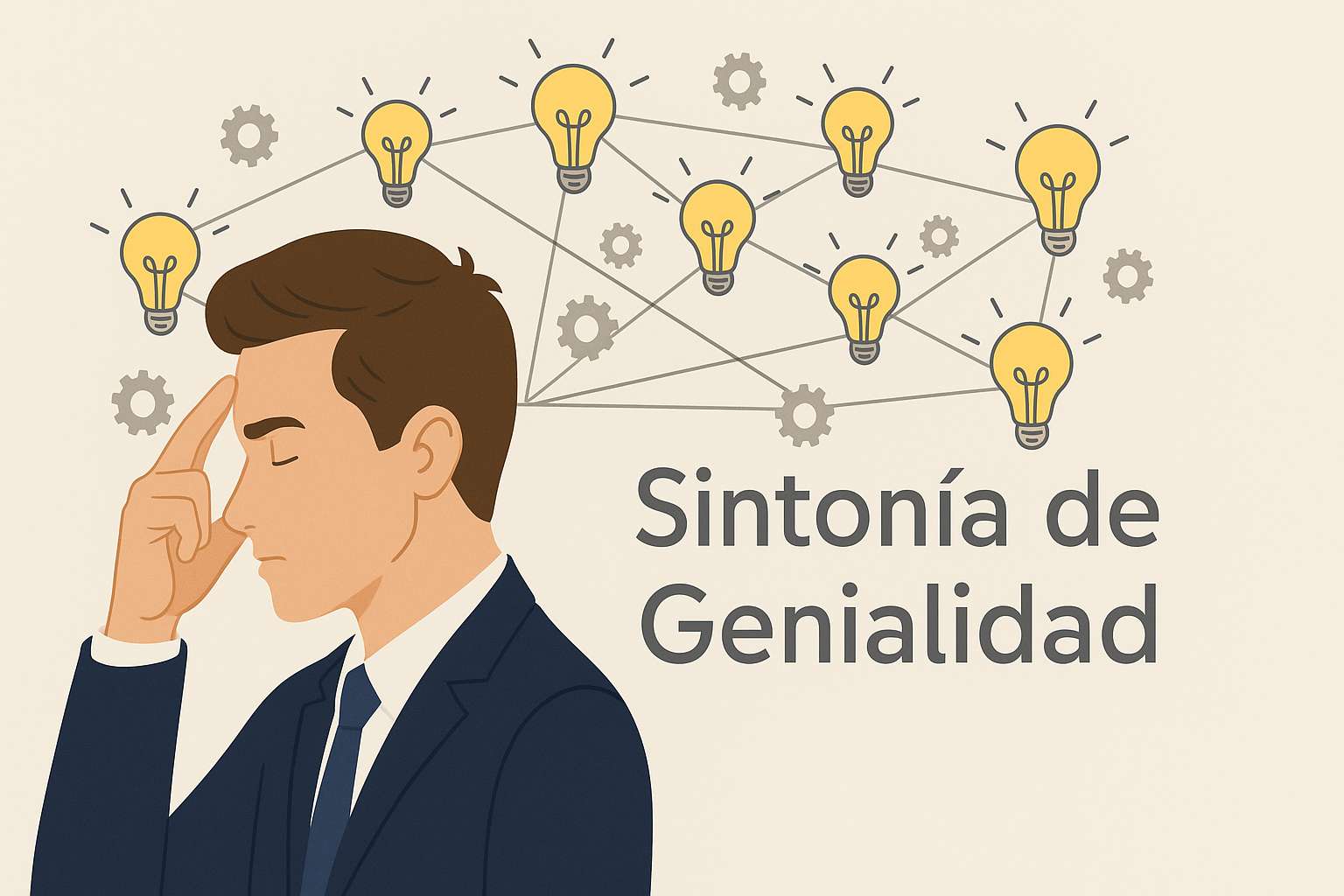Ilustración de una persona concentrada con ideas conectadas representadas como bombillas, simbolizando la sintonía de genialidad